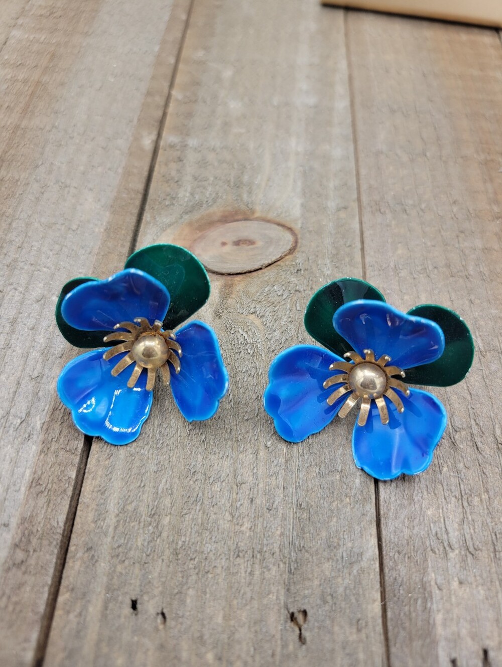 Vintage Floral Blue & Green Clip-On Earrings • Signed • Goldtone Base